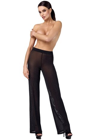 Noir Handmade F374 Onyx Sheer Palazzo &ndash; Elegante Tulle Broek met Glans