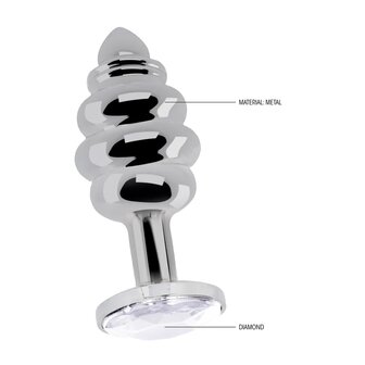 Geribbelde  Butt-Plug - 2.8&quot; / 7 cm met diamand - Silver