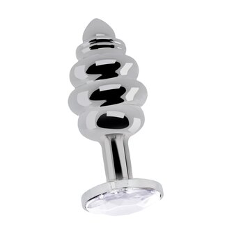 Geribbelde  Butt-Plug - 2.8&quot; / 7 cm met diamand - Silver