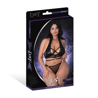 Nadia - Diamond Mesh Haltertop und String mit Ringverschl&uuml;ssen und Nieten - 2X - Schwarz