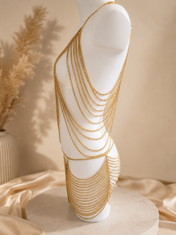Exclusieve Handgemaakte Gouden Chain Body Jewelry Set &ndash; Luxe Bodychain Festival &amp; Clubwear