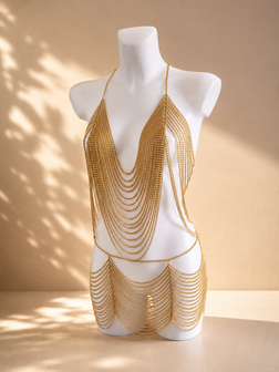 Exclusieve Handgemaakte Gouden Chain Body Jewelry Set &ndash; Luxe Bodychain Festival &amp; Clubwear