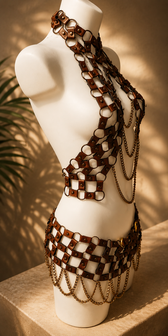 Handgemaakte Leather Chain Harness Set &ndash; Luxe Festival &amp; Clubwear Bodypiece in Bruin/Goud