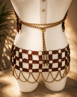 Handgemaakte Leather Chain Harness Set &ndash; Luxe Festival &amp; Clubwear Bodypiece in Bruin/Goud