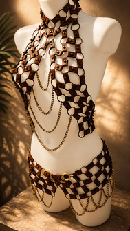Handgemaakte Leather Chain Harness Set &ndash; Luxe Festival &amp; Clubwear Bodypiece in Bruin/Goud