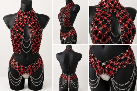 Exclusieve Handgemaakte Rode Body Harness Set met Chains &ndash; Luxury Fetish &amp; Clubwear