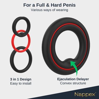 Nappex&trade; Fuego Triple Cockring Set &ndash; 3-in-1 Siliconen Cockringen voor Meer Ondersteuning, Comfort en Controle