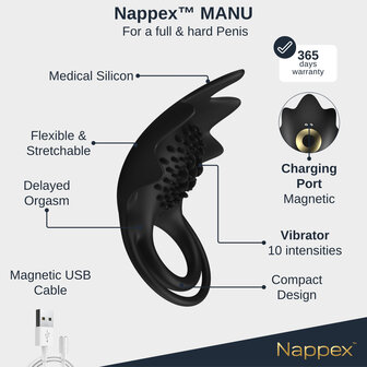Nappex&trade; Manu Vibrerende Cockring &ndash; Oplaadbare Penisring met Partnerstimulatie en Comfortabele Pasvorm