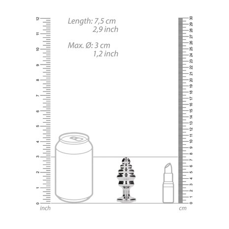 Geribbelde  Butt-Plug - 2.8" / 7 cm met diamand - Silver