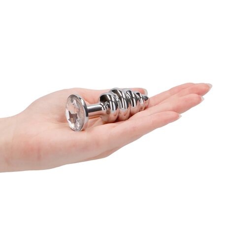 Geribbelde  Butt-Plug - 2.8" / 7 cm met diamand - Silver