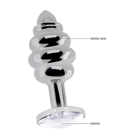 Geribbelde  Butt-Plug - 2.8" / 7 cm met diamand - Silver