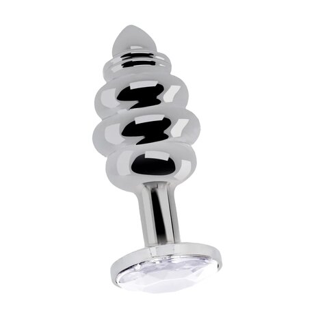 Geribbelde  Butt-Plug - 2.8" / 7 cm met diamand - Silver