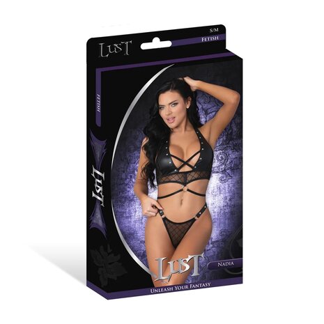 Nadia - Diamond Mesh Haltertop und String mit Ringverschl&uuml;ssen und Nieten - S/M- Schwarz