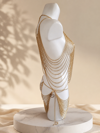 Exclusieve Handgemaakte Gouden Chain Body Jewelry Set &ndash; Luxe Bodychain Festival & Clubwear
