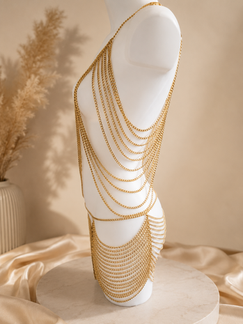 Exclusieve Handgemaakte Gouden Chain Body Jewelry Set &ndash; Luxe Bodychain Festival & Clubwear