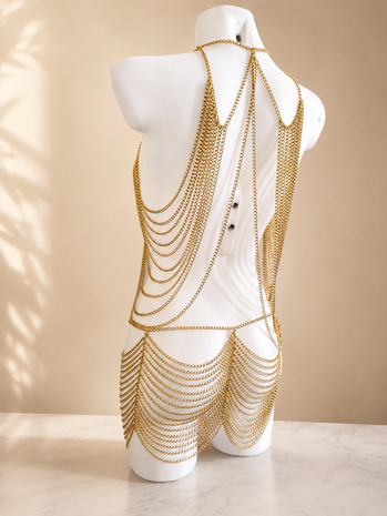 Exclusieve Handgemaakte Gouden Chain Body Jewelry Set &ndash; Luxe Bodychain Festival & Clubwear