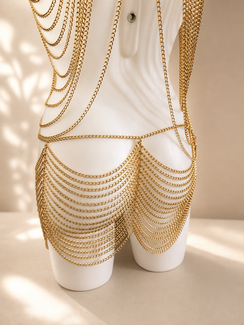 Exclusieve Handgemaakte Gouden Chain Body Jewelry Set &ndash; Luxe Bodychain Festival & Clubwear