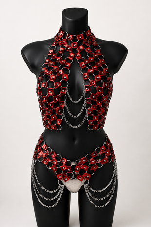 Exclusieve Handgemaakte Rode Body Harness Set met Chains &ndash; Luxury Fetish & Clubwear
