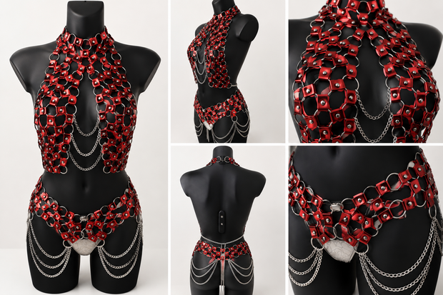 Exclusieve Handgemaakte Rode Body Harness Set met Chains &ndash; Luxury Fetish & Clubwear