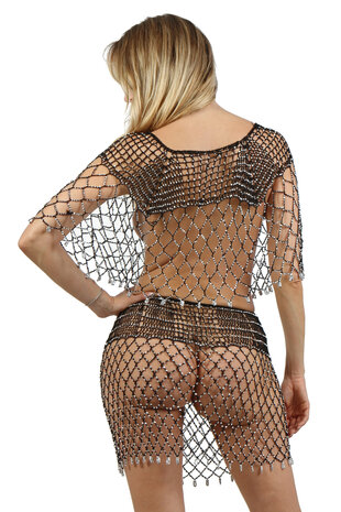 Mesh Top & Rok Set met Strass &ndash; Zwart
