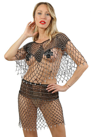 Mesh Top & Rok Set met Strass &ndash; Zwart