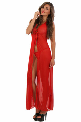 Lange Transparante Mesh Robe met Capuchon en Rijgveter