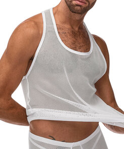 Stretch Net Tank Top L/XL Wit – Sexy Visnet Heren Shirt | Male Power