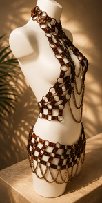 Handgemaakte Leather Chain Harness Set – Luxe Festival & Clubwear Bodypiece in Bruin/Goud